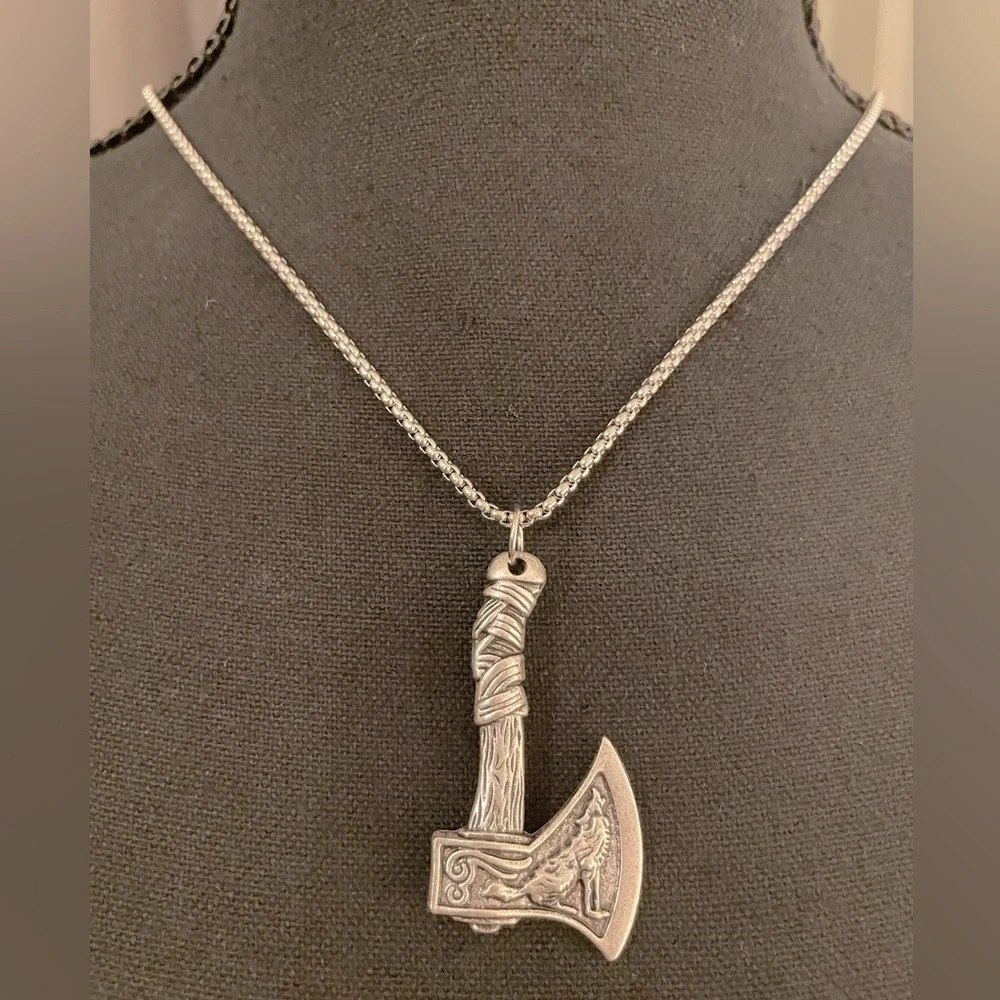 Nordic Viking Axe Necklace with Wolf & Bird
